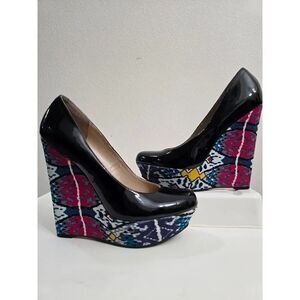 Steve Madden Heels Platform Wedge Black Patent Ikat Chunky Y2K Women's Size 8.5